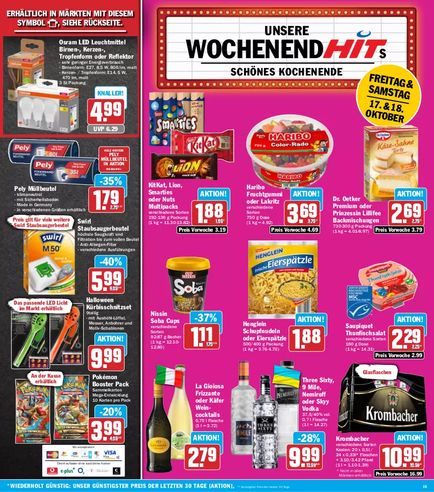 Aktueller Prospekt Hit - Wochenprospekt - von 13.10 bis 18.10.2025 - strona 15 - produkty: backmischung, Backmischungen, Becher, beutel, Birnen, cocktail, cocktails, Dr. Oetker, eier, eierspätzle, eis, fisch, flasche, frizzante, frucht, fruchtgummi, Germ, glasflasche, haribo, henglein, käfer, kerze, kitkat, kraft, krombache, krombacher, Kürbis, La Gioiosa, Lakritz, leuchtmittel, lion, Löffel, messer, müllbeutel, Nissin, nudel, nudeln, oder lakritz, Osram, pely, Rauch, reis, ring, salat, saupiquet, skyy, Skyy Vodka, smarties, staubsauger, staubsaugerbeutel, swirl, Three Sixty, thunfisch, Thunfischsalat, Ti, Tiere, vodka, wein, WICK, ZTE