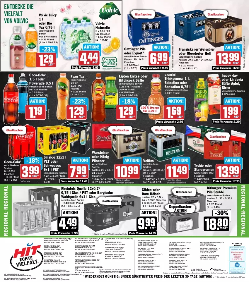 Aktueller Prospekt Hit - Wochenprospekt - von 13.10 bis 18.10.2025 - strona 19 - produkty: angebot, angebote, apfel, auer, Bad, bier, bio, bitburger, braun, burger, coca-cola, cola, eimer, eis, eistee, elle, Engel, fisch, flasche, franziskaner, fuze tea, glasflasche, granini, Happy Day, könig pilsener, lipton, Lübecker, natur, nuss, oettinger, orange, pils, pilsener, premium pils, Rauch, reis, rel, rheinfels quelle, säfte, schweppes, sinalco, Staropramen, steiner, tee, Ti, tyskie, uhr, veltins, volvic, Waldquelle, warsteiner, weissbier, ZTE