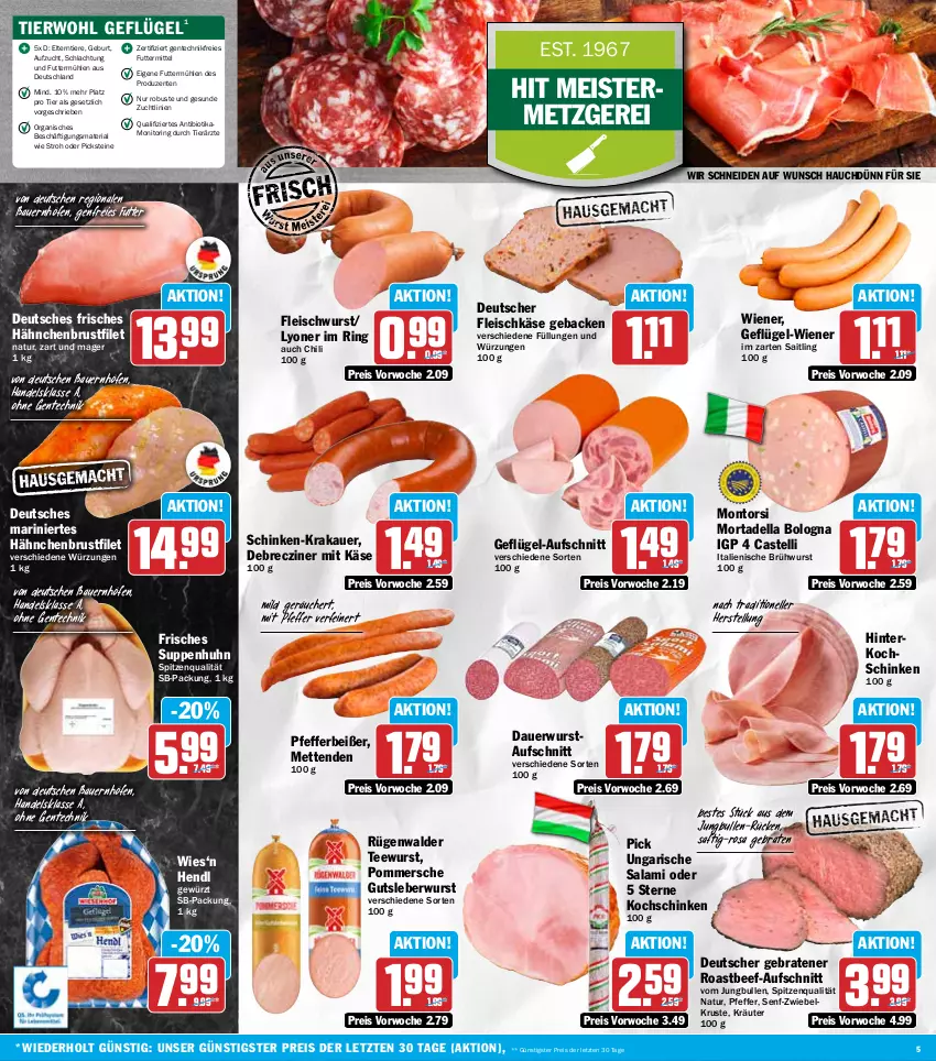 Aktueller Prospekt Hit - Wochenprospekt - von 13.10 bis 18.10.2025 - strona 5 - produkty: auer, aufschnitt, Bau, Bauer, beef, bio, braten, Brühwurst, brustfilet, chili, debrecziner, dell, eis, elle, ente, filet, fleisch, fleischkäse, fleischwurst, geback, Geflügel, gewürz, gutsleberwurst, hähnchenbrust, hähnchenbrustfilet, Hendl, hinterkochschinken, im zarten saitling, jungbullen, Käse, kochschinken, krakauer, kräuter, leberwurst, lyoner, Meister, Mett, metten, Mettenden, monitor, montorsi, mortadella, natur, pfeffer, Pfefferbeißer, Pommersche, reis, Ria, ring, roastbeef, rügenwalder, saft, salami, schinken, senf, spitzenqualität, suppe, suppen, Suppenhuhn, tee, teewurst, Ti, Tiere, Ungarische Salami, wiener, wurst, Yo, ZTE, zwiebel