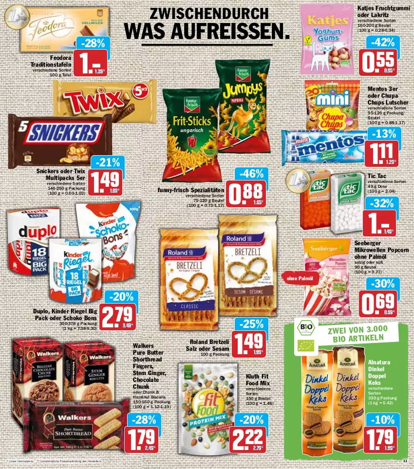 Aktueller Prospekt Hit - Prospekte - von 07.03 bis 12.03.2022 - strona 11 - produkty: Berger, beutel, butter, chupa, chupa chups, cola, duplo, eis, elle, frucht, fruchtgummi, funny-frisch, gin, ginger, katjes, keks, Kinder, kinder riegel, Lakritz, Lutscher, mentos, mikrowelle, natur, natura, oder lakritz, oder twix, ohne palmöl, popcorn, reis, reiss, riegel, salz, schoko, seeberger, sesam, snickers, Spezi, teller, Ti, twix