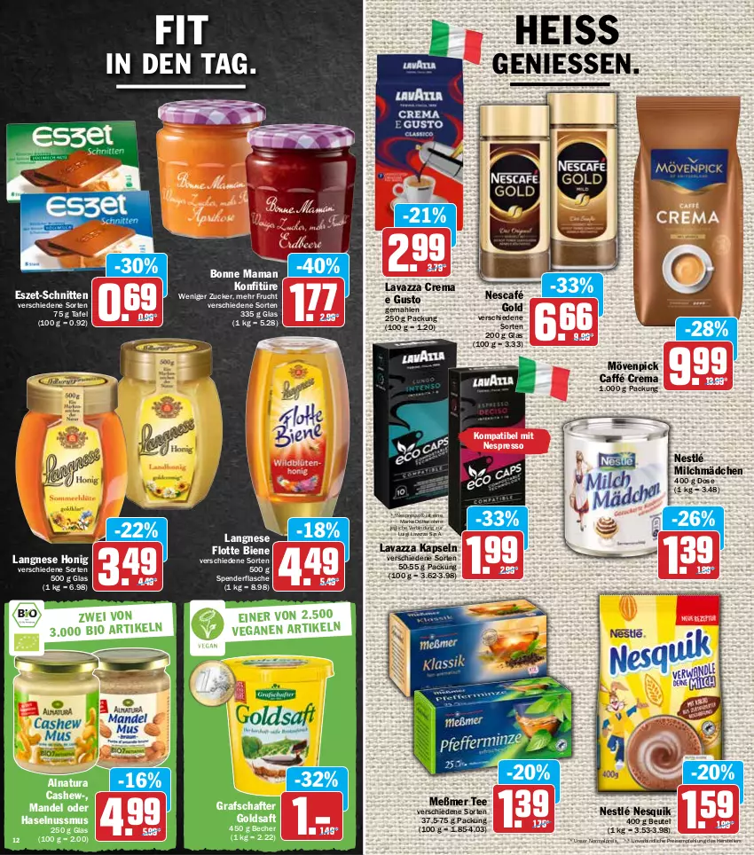 Aktueller Prospekt Hit - Prospekte - von 07.03 bis 12.03.2022 - strona 12 - produkty: Becher, beutel, bonne maman, Cashew, eis, elle, espresso, flasche, frucht, goldsaft, grafschafter, haselnuss, honig, konfitüre, langnese, lavazza, mam, mandel, Meßmer, milch, mövenpick, natur, natura, Nescafé, nescafé gold, nespresso, nesquik, nestlé, nuss, reis, ritter, saft, schnitten, tee, teller, Ti, zucker