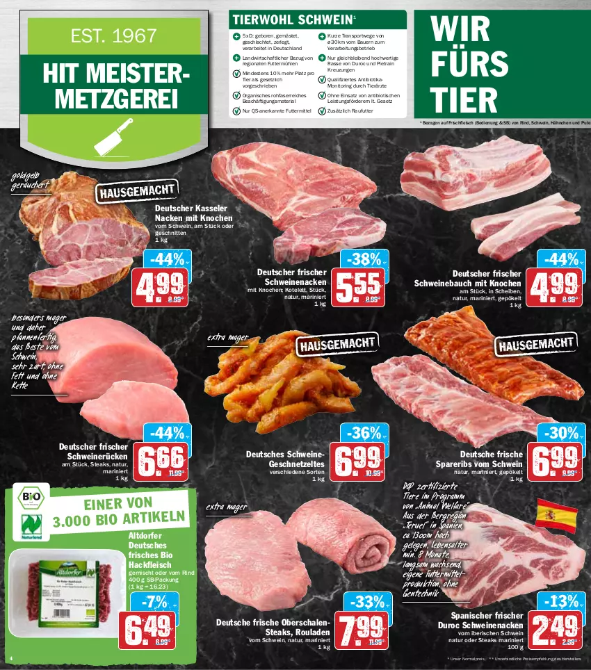 Aktueller Prospekt Hit - Prospekte - von 07.03 bis 12.03.2022 - strona 4 - produkty: auer, Bau, bio, eis, elle, ente, fleisch, geschnetzeltes, hackfleisch, hackfleisch gemischt, kasseler, Kette, kotelett, Meister, monitor, natur, pfanne, pfannen, pute, reis, Ria, rind, ring, rouladen, Schal, Schale, schnitten, schwein, schweine, Schweinebauch, schweinenacken, schweinerücken, spareribs, Sport, steak, steaks, teller, Ti, Tiere, tisch, wein, weine, Zelt, ZTE