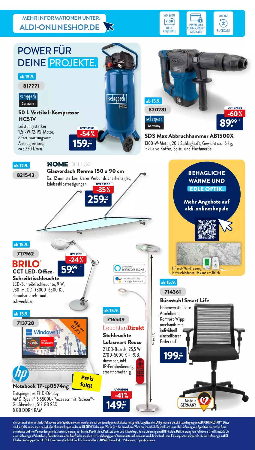 Aktueller Prospekt AldiSud - IN ZWEI WOCHEN - von 12.09 bis 17.09.2022 - strona 11 - produkty: Abbruchhammer, aldi, angebot, angebote, armlehnen, aust, deo, edelstahl, eis, elle, erde, fernbedienung, koffer, kompressor, kraft, Leuchte, LG, Liege, notebook, office, radeon, reis, rwe, ryzen, schreibtisch, spiegel, ssd, stehleuchte, stuhl, Ti, tisch, tischleuchte