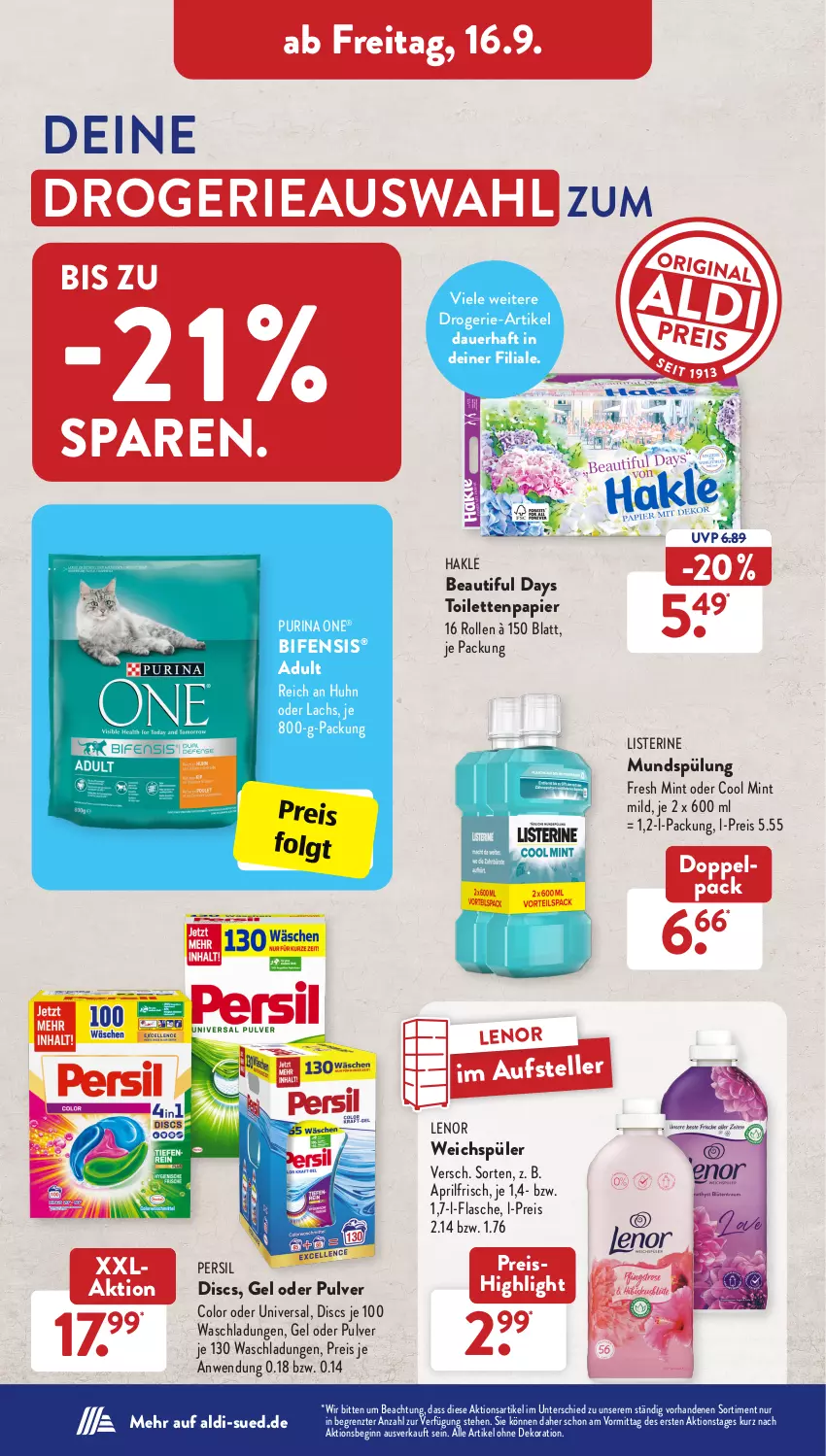 Aktueller Prospekt AldiSud - IN ZWEI WOCHEN - von 12.09 bis 17.09.2022 - strona 20 - produkty: aldi, alle artikel ohne dekoration, auer, dekoration, drogerie-artikel, eis, elle, flasche, gin, hakle, lachs, lenor, lenor weichspüler, LG, listerine, mint, mundspülung, papier, persil, pril, purina, reis, spülung, teller, Ti, toilettenpapier, weichspüler, ZTE