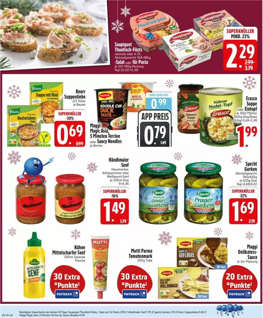 Aktueller Prospekt Edeka - Prospekte - von 01.12 bis 06.12.2025 - strona 10 - produkty: Becher, beutel, eis, elle, filet, filets, fisch, flasche, gurke, gurken, händlmaier, Hausmacher, knorr, Kühne, mac, maggi, Mutti, pasta, payback, reis, salat, sauce, saupiquet, senf, specht, suppe, suppen, suppenliebe, teller, terrine, thunfisch, Ti, tomate, tomaten, tomatenmark, Weißwurst, wurst, ZTE