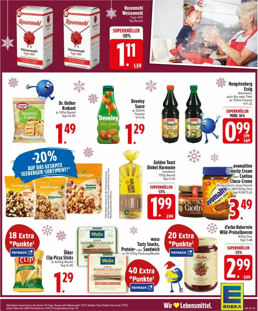 Aktueller Prospekt Edeka - Prospekte - von 01.12 bis 06.12.2025 - strona 11 - produkty: aufstrich, beere, beeren, beutel, bio, brot, brotaufstrich, creme, darbo, Dr. Oetker, eis, essig, flasche, golden toast, hengstenberg, lebensmittel, mehl, Meister, natur, ohne palmöl, ovomaltine, pizza, reis, rosen, Rosenmehl, sandwich, snack, snacks, Ti, toast, wasa, weizenmehl, Wild, ZTE
