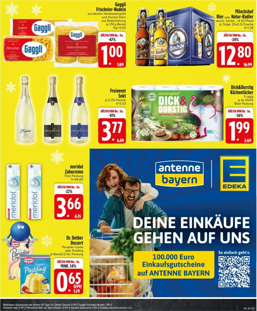 Aktueller Prospekt Edeka - Prospekte - von 01.12 bis 06.12.2025 - strona 29 - produkty: beutel, bier, creme, dessert, Dr. Oetker, eier, flasche, freixenet, gaggli, gutschein, gutscheine, hartweizen, küche, Küchen, küchentücher, meridol, mönchshof, natur, nudel, nudeln, pudding, radler, sekt, Ti, tücher, zahncreme