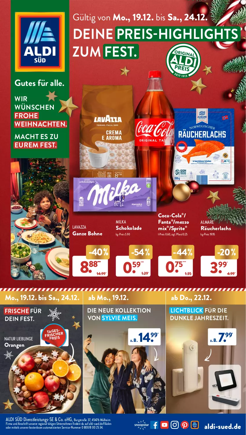 Aktueller Prospekt AldiSud - NÄCHSTE WOCHE - von 19.12 bis 24.12.2022 - strona 1 - produkty: aldi, almare, auto, bohne, coca-cola, cola, eis, fanta, lachs, lavazza, lavazza ganze bohne, mac, Mezzo Mix, milka, natur, orange, orangen, Räucherlachs, reis, schoko, schokolade, sprite, Ti, weihnachten