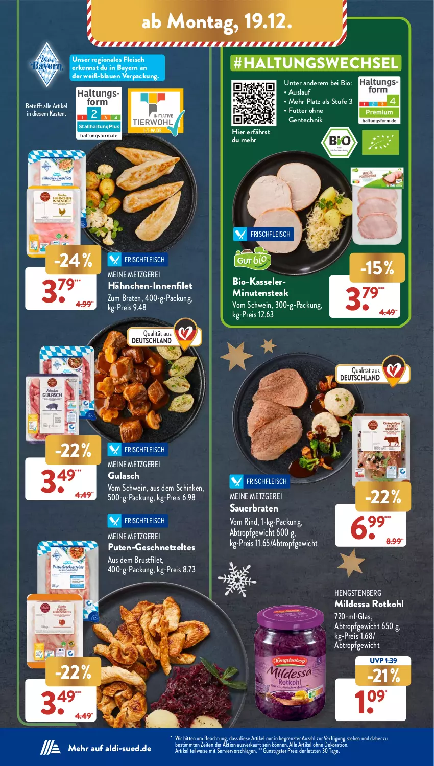 Aktueller Prospekt AldiSud - NÄCHSTE WOCHE - von 19.12 bis 24.12.2022 - strona 14 - produkty: aldi, alle artikel ohne dekoration, auer, bio, braten, brustfilet, dekoration, eis, ente, filet, fleisch, geschnetzeltes, gsw, gulasch, hengstenberg, kasseler, pute, reis, rind, rotkohl, schinken, schwein, steak, Ti, wein, Zelt, ZTE