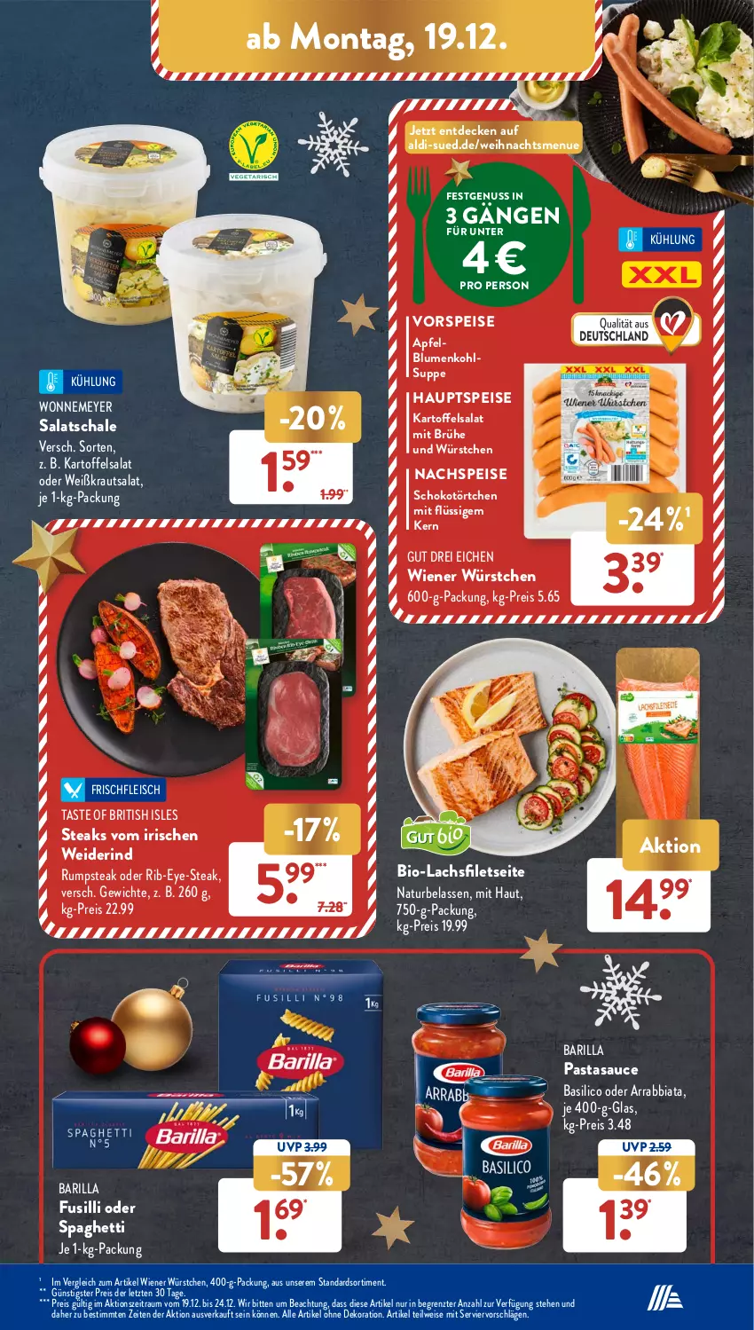 Aktueller Prospekt AldiSud - NÄCHSTE WOCHE - von 19.12 bis 24.12.2022 - strona 15 - produkty: aldi, alle artikel ohne dekoration, apfel, arrabbiata, barilla, basilico, bio, blume, blumen, blumenkohl, Brühe, decke, dekoration, eis, filet, filets, fleisch, fusilli, kartoffel, kartoffelsalat, Kraut, krautsalat, lachs, lachsfilet, lachsfilets, natur, nuss, pasta, reis, rind, rum, rumpsteak, salat, sauce, Schal, Schale, schoko, spaghetti, steak, steaks, suppe, Ti, Törtchen, vorspeise, wiener, wiener würstchen, würstchen, ZTE