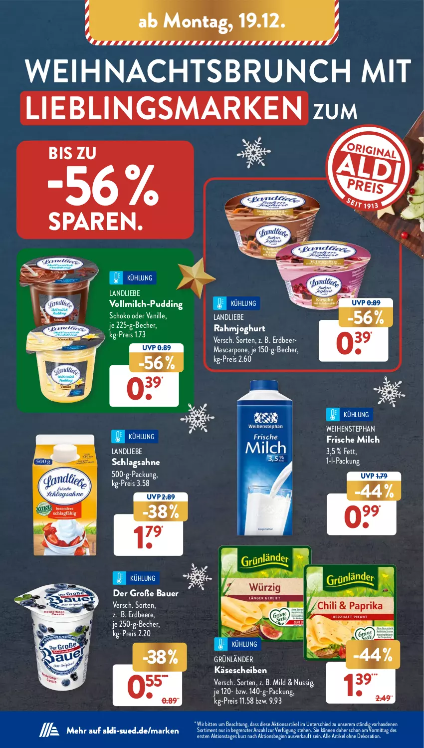 Aktueller Prospekt AldiSud - NÄCHSTE WOCHE - von 19.12 bis 24.12.2022 - strona 26 - produkty: aldi, alle artikel ohne dekoration, auer, Bau, Bauer, Becher, beere, dekoration, eis, erdbeere, frische milch, gin, grünländer, joghur, joghurt, Käse, käsescheiben, landliebe, mascarpone, milch, nuss, pudding, rahmjoghurt, reis, sahne, schlagsahne, schoko, Ti, vanille, vollmilch, weihenstephan, ZTE