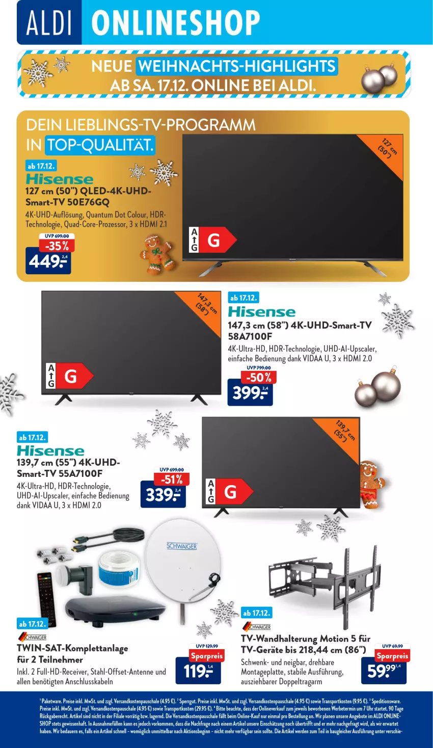 Aktueller Prospekt AldiSud - NÄCHSTE WOCHE - von 19.12 bis 24.12.2022 - strona 44 - produkty: aldi, angebot, angebote, auer, Bau, eis, erde, gin, HDMI, hisense, latte, ndk, qled, quad, quad-core-prozessor, Receiver, reis, Schal, Schale, Sport, Ti, uhd, uhr, wandhalterung