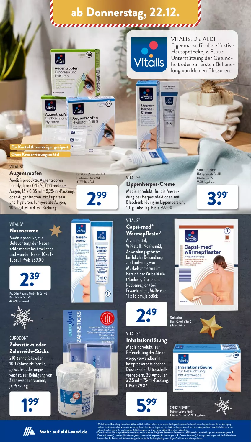 Aktueller Prospekt AldiSud - NÄCHSTE WOCHE - von 19.12 bis 24.12.2022 - strona 48 - produkty: aldi, alle artikel ohne dekoration, Apotheke, Cap, creme, dekoration, eis, elle, Gesundheit, gin, hyaluron, ilag, kompressor, leine, linsen, medizinprodukt, natur, pflaster, Reinigung, reis, rwe, Schal, Sorbet, Ti, vita, vitalis, Zahnseide, ZTE