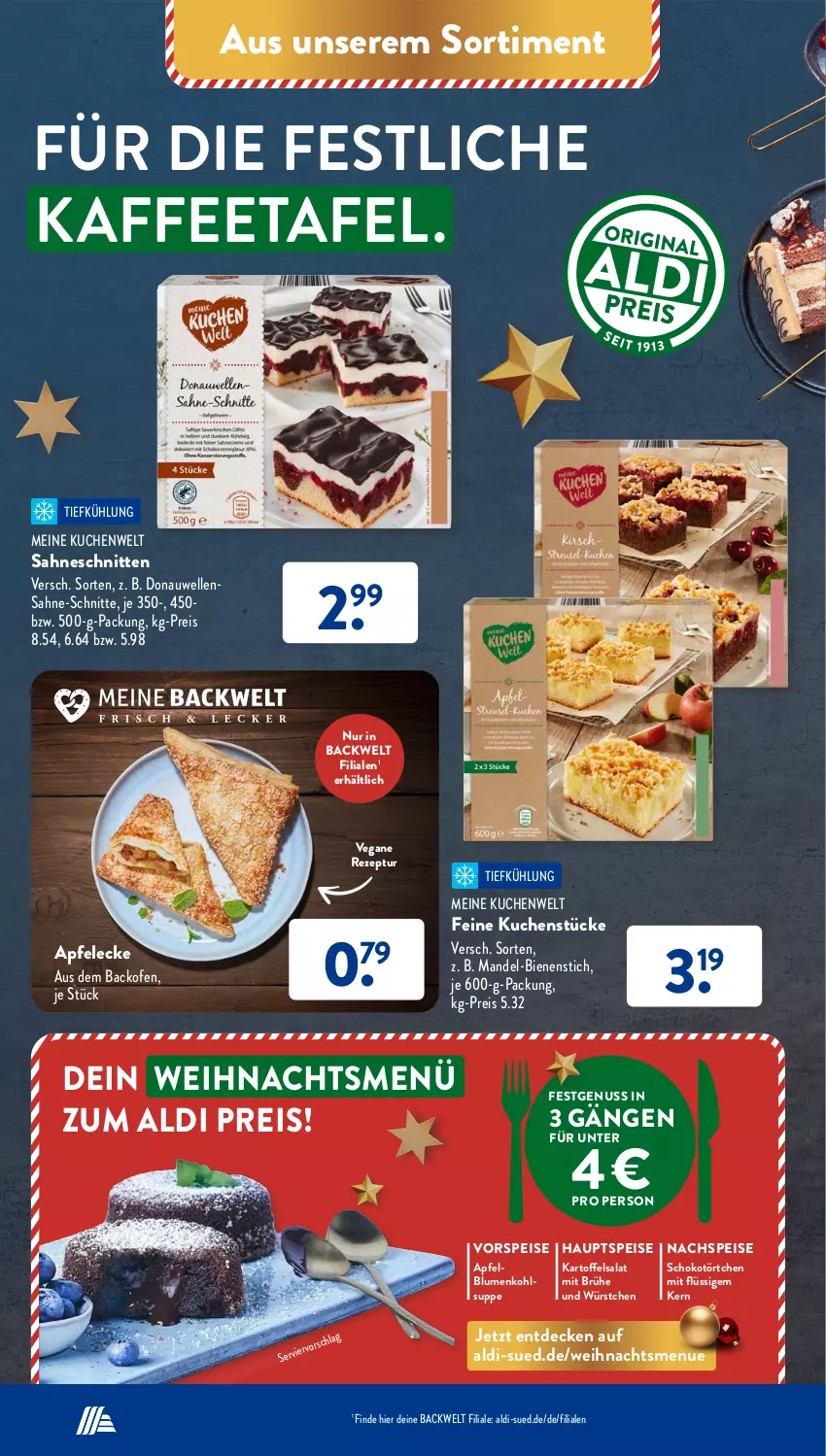 Aktueller Prospekt AldiSud - NÄCHSTE WOCHE - von 19.12 bis 24.12.2022 - strona 56 - produkty: aldi, apfel, backofen, blume, blumen, blumenkohl, Brühe, decke, Donauwellen, eis, elle, kaffee, kartoffel, kartoffelsalat, kuchen, mandel, nuss, Ofen, reis, rezept, sahne, salat, schnitten, schoko, suppe, Ti, Törtchen, vorspeise, würstchen