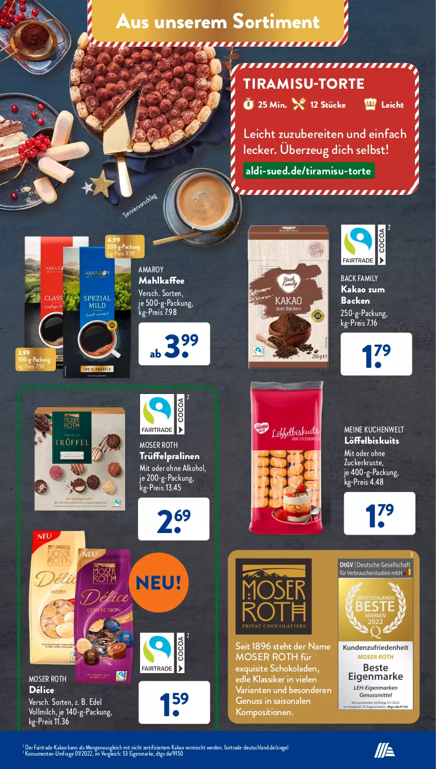 Aktueller Prospekt AldiSud - NÄCHSTE WOCHE - von 19.12 bis 24.12.2022 - strona 57 - produkty: aldi, alkohol, amaro, eis, ente, erde, kaffee, kakao, kuchen, Löffel, Löffelbiskuits, milch, moser, Moser Roth, nuss, ohne alkohol, pralinen, reis, Ria, schoko, schokolade, schokoladen, Ti, tiramisu, torte, Trüffel, vollmilch, zucker