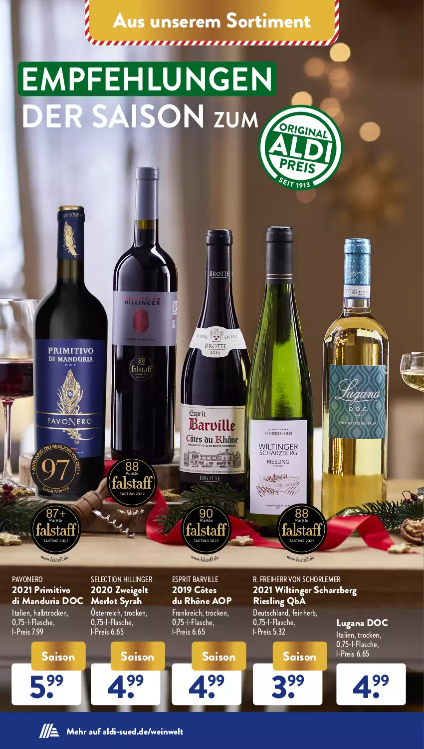 Aktueller Prospekt AldiSud - NÄCHSTE WOCHE - von 19.12 bis 24.12.2022 - strona 58 - produkty: aldi, asti, bier, eis, esprit, flasche, merl, merlot, nero, primitivo, reis, Ria, riesling, schorle, Ti, wein, Zweigelt