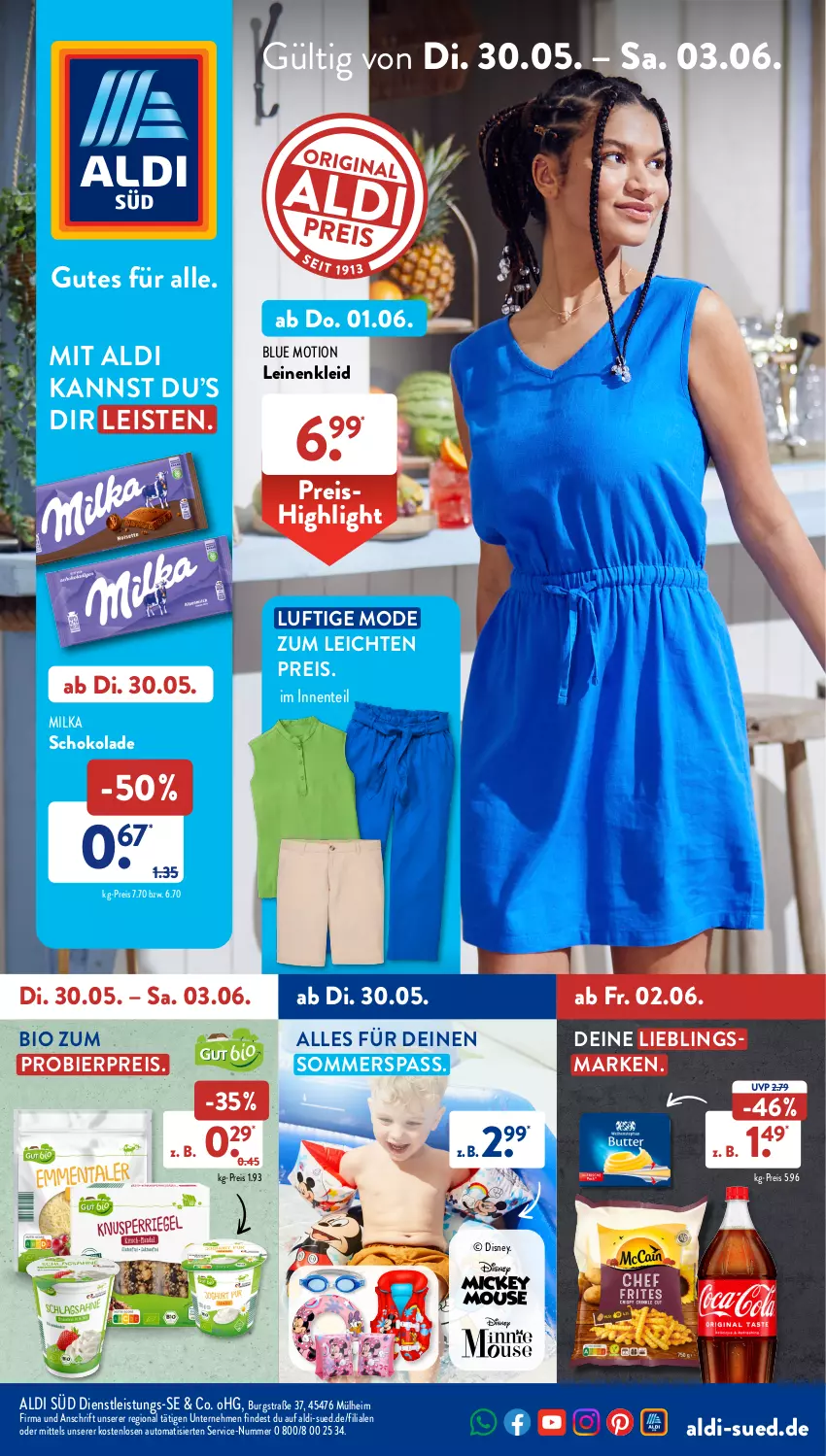 Aktueller Prospekt AldiSud - NÄCHSTE WOCHE - von 30.05 bis 03.06.2023 - strona 1 - produkty: aldi, auto, bier, bio, disney, eis, ente, kleid, leine, milka, milka schokolade, Mode, reis, schoko, schokolade, Ti