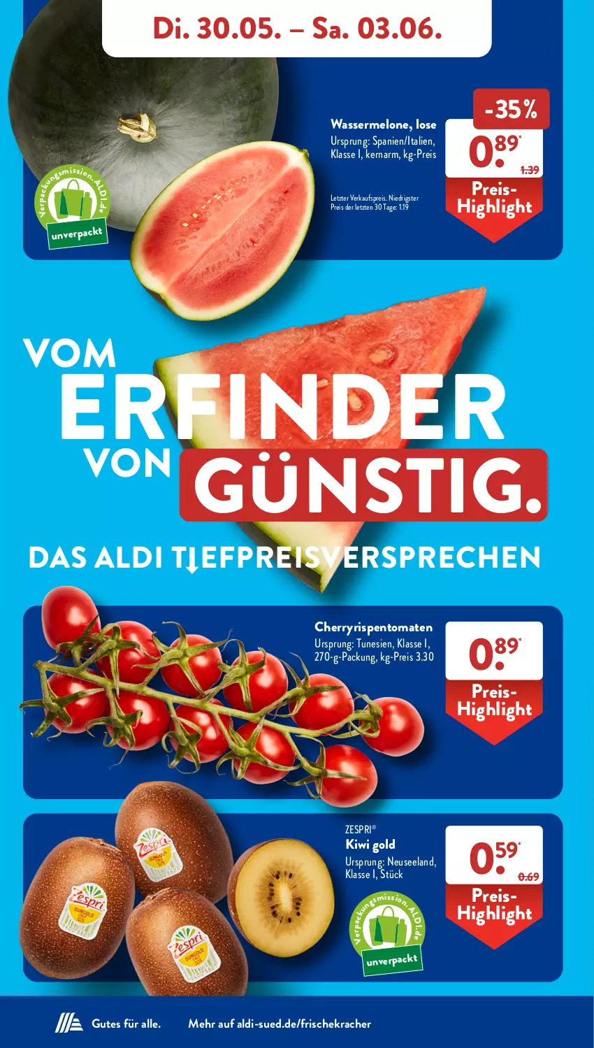 Aktueller Prospekt AldiSud - NÄCHSTE WOCHE - von 30.05 bis 03.06.2023 - strona 4 - produkty: aldi, eis, Elan, kiwi, Kiwi Gold, kracher, melone, reis, rispentomaten, Ti, tomate, tomaten, wasser, wassermelone, zespri, ZTE