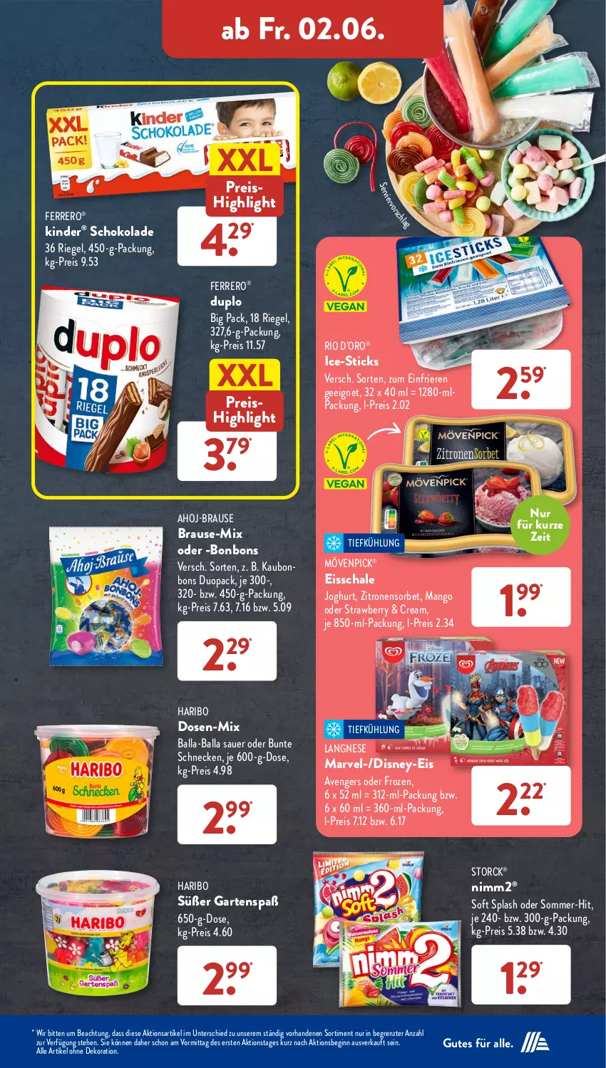 Aktueller Prospekt AldiSud - NÄCHSTE WOCHE - von 30.05 bis 03.06.2023 - strona 40 - produkty: ahoj-brause, alle artikel ohne dekoration, auer, ball, bonbons, brause, dekoration, disney, duplo, eis, ferrero, Garten, gin, haribo, joghur, joghurt, Kinder, langnese, mango, mövenpick, nimm2, reis, riegel, Schal, Schale, schoko, schokolade, Sorbet, storck, Ti, zitrone, zitronen, ZTE