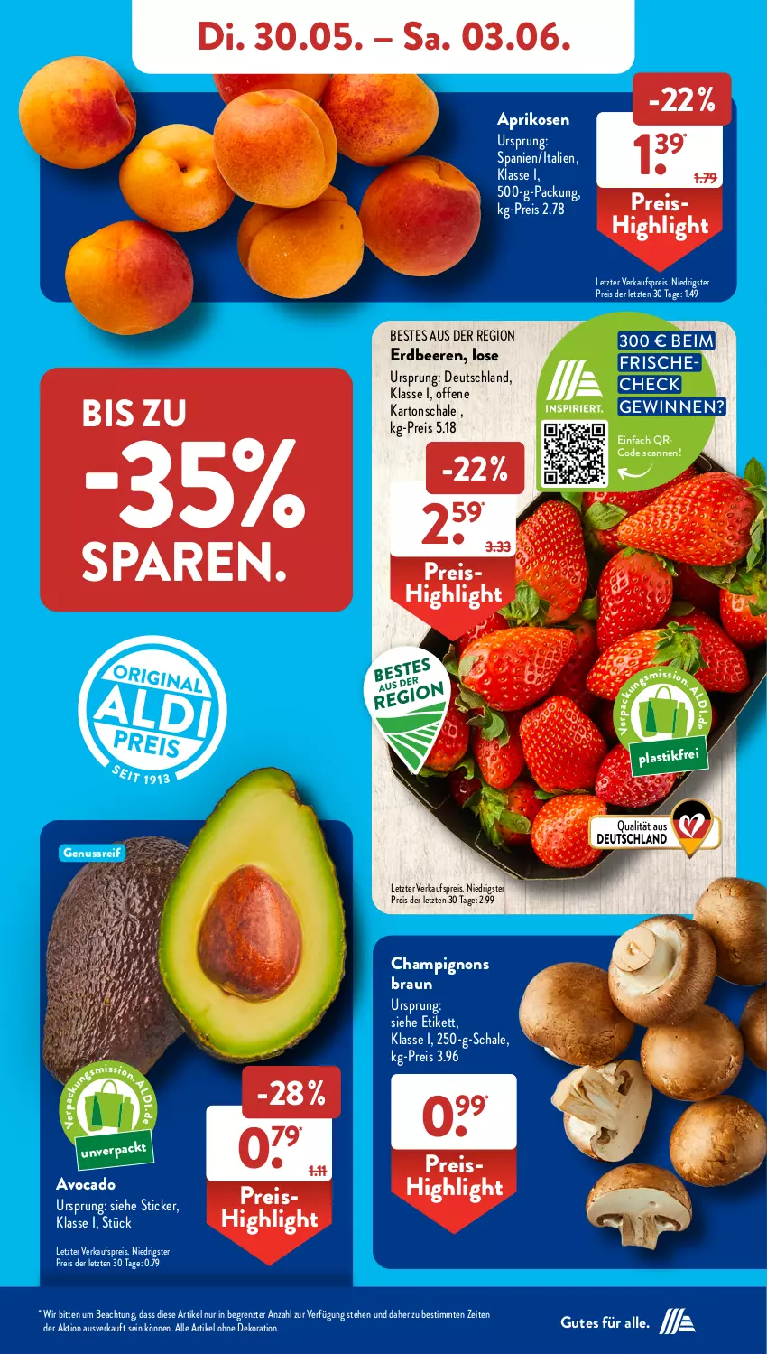 Aktueller Prospekt AldiSud - NÄCHSTE WOCHE - von 30.05 bis 03.06.2023 - strona 5 - produkty: alle artikel ohne dekoration, aprikose, aprikosen, asti, avocado, beere, beeren, braun, champignon, champignons, champignons braun, dekoration, eis, erdbeere, erdbeeren, nuss, reis, Schal, Schale, Ti, ZTE