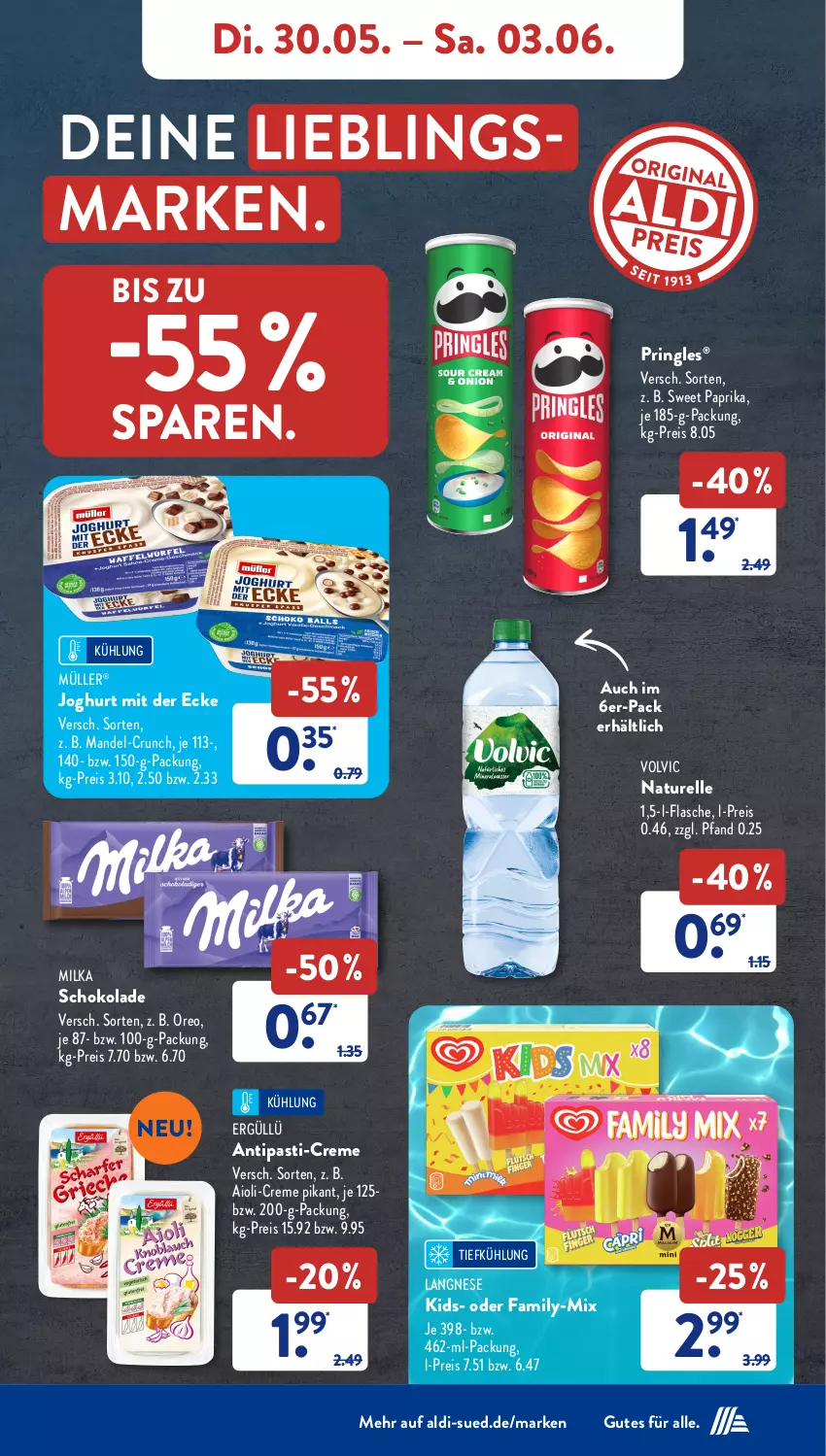 Aktueller Prospekt AldiSud - NÄCHSTE WOCHE - von 30.05 bis 03.06.2023 - strona 7 - produkty: aioli, aldi, antipasti, asti, creme, eis, elle, flasche, joghur, joghurt, joghurt mit der ecke, langnese, mandel, milka, milka schokolade, Müller, natur, oreo, paprika, pringles, reis, rel, ring, schoko, schokolade, Ti, volvic