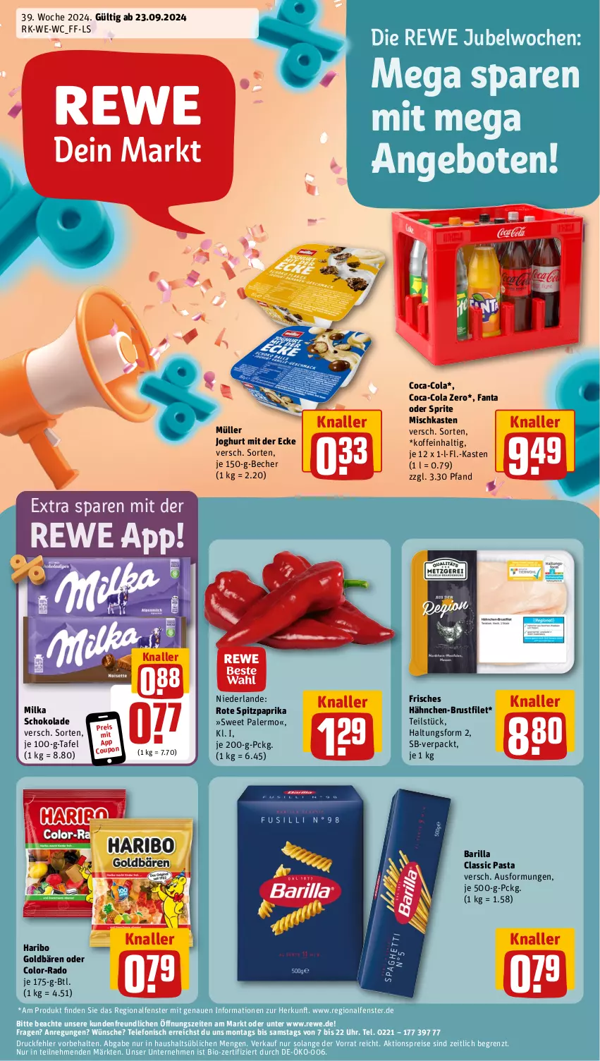 Aktueller Prospekt Rewe - Prospekte - von 23.09 bis 28.09.2024 - strona 1 - produkty: aktionspreis, angebot, angebote, barilla, Becher, bio, brustfilet, coca-cola, cola, coupon, eis, fanta, fanta oder, fanta oder sprite, fenster, filet, goldbären, hähnchen-brustfilet, haribo, joghur, joghurt, joghurt mit der ecke, milka, milka schokolade, Müller, oder sprite, paprika, pasta, reis, schoko, schokolade, Spitzpaprika, sprite, telefon, Ti, uhr