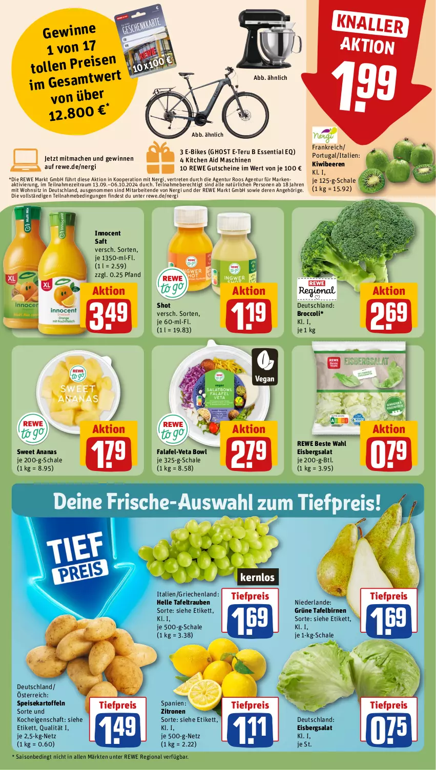 Aktueller Prospekt Rewe - Prospekte - von 23.09 bis 28.09.2024 - strona 10 - produkty: ananas, beere, beeren, Birnen, broccoli, E-Bike, E-Bikes, eis, eisbergsalat, elle, Falafel, gutschein, gutscheine, Innocent, kartoffel, kartoffeln, kiwi, mac, reis, rewe beste wahl, saft, salat, Schal, Schale, speisekartoffeln, sweet ananas, tafelbirnen, tafeltrauben, Ti, tiefpreis, trauben, zitrone, zitronen