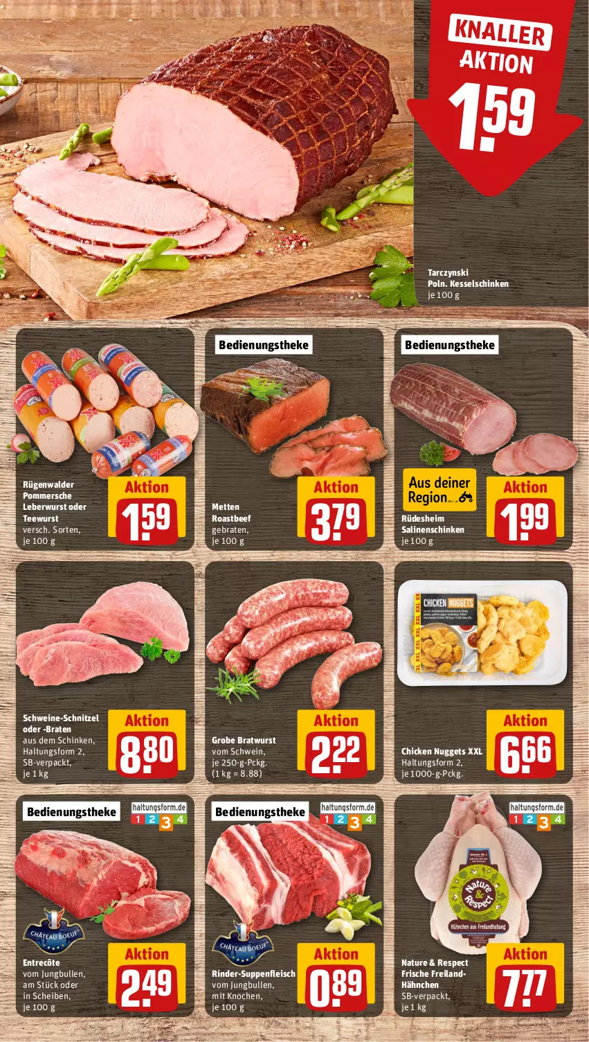 Aktueller Prospekt Rewe - Prospekte - von 23.09 bis 28.09.2024 - strona 12 - produkty: beef, braten, bratwurst, chicken nuggets, eis, entrecôte, fleisch, grobe bratwurst, jungbullen, leberwurst, Mett, metten, natur, nuggets, Pommersche, rind, rinder, roastbeef, rügenwalder, schinken, schnitzel, schwein, schweine, schweine-schnitzel, suppe, suppen, suppenfleisch, tee, teewurst, Ti, wein, weine, wurst