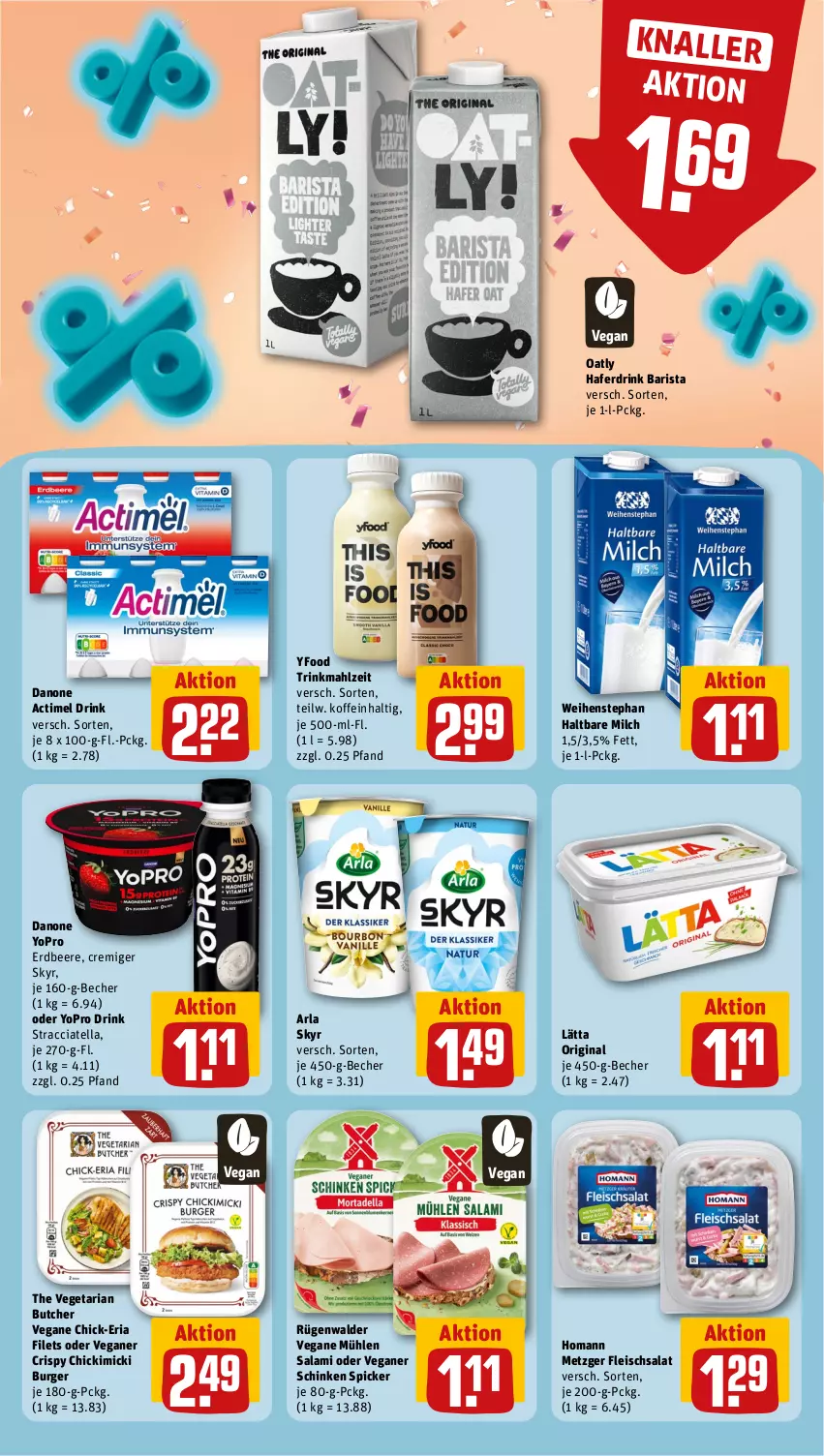 Aktueller Prospekt Rewe - Prospekte - von 23.09 bis 28.09.2024 - strona 14 - produkty: ACC, actimel, actimel drink, arla, arla skyr, Becher, beere, burger, danone, danone actimel drink, drink, eis, erdbeere, filet, filets, fleisch, fleischsalat, gin, hafer, Haferdrink, haltbare milch, homann, lätta, milch, Ria, rügenwalder, salami, salat, schinken, schinken spicker, Skyr, The Vegetarian Butcher, Ti, Vegeta, weihenstephan, Yo