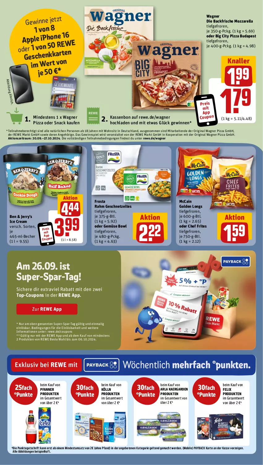 Aktueller Prospekt Rewe - Prospekte - von 23.09 bis 28.09.2024 - strona 15 - produkty: angebot, angebote, Apple, arla, Becher, coupon, coupons, eis, erde, felix, frosta, geschnetzeltes, gewinnspiel, gin, Golden Longs, kölln, mac, mccain, mozzarella, original wagner, payback, pfanne, Pfanner, pizza, reis, rel, rewe beste wahl, snack, Ti, wagner, Zelt