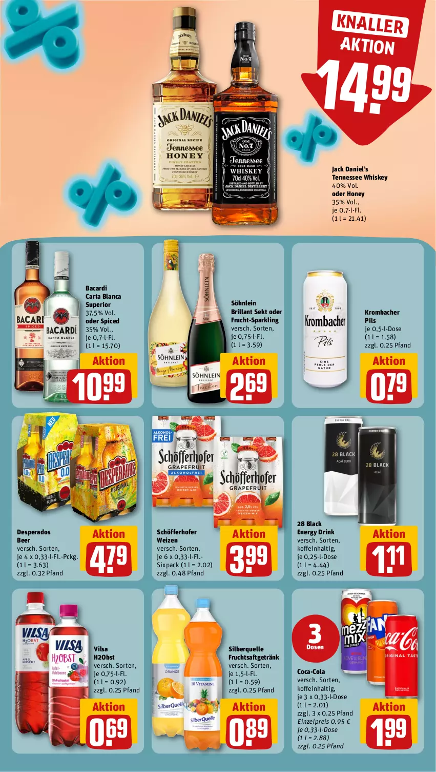 Aktueller Prospekt Rewe - Prospekte - von 23.09 bis 28.09.2024 - strona 16 - produkty: bacardi, brillant sekt, coca-cola, cola, desperados, drink, eis, elle, energy drink, frucht, fruchtsaft, fruchtsaftgetränk, getränk, jack daniel, Jack Daniel’s, krombache, krombacher, krombacher pils, lack, obst, pils, reis, saft, schöfferhofer, sekt, söhnlein, söhnlein brillant, tennessee whiskey, Ti, vilsa, whiskey