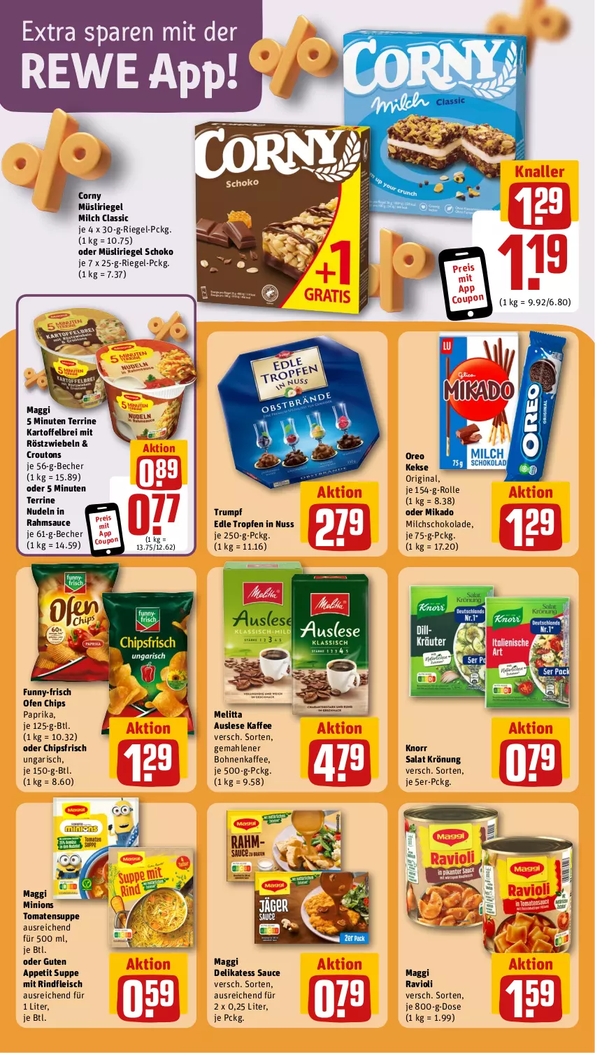 Aktueller Prospekt Rewe - Prospekte - von 23.09 bis 28.09.2024 - strona 17 - produkty: Becher, bohne, bohnen, bohnenkaffee, Brei, chips, chipsfrisch, corny, coupon, croutons, delikatess sauce, eis, fleisch, funny-frisch, gemahlener bohnenkaffee, gin, kaffee, kartoffel, kartoffelbrei, keks, kekse, knorr, maggi, melitta, mikado, milch, mit röstzwiebeln, müsli, Müsliriegel, nudel, nudeln, nuss, Ofen, oreo, paprika, ravioli, reis, riegel, rind, rindfleisch, röstzwiebeln, rum, salat, sauce, schoko, schokolade, suppe, terrine, Ti, tomate, tomaten, Tomatensuppe, zwiebel, zwiebeln