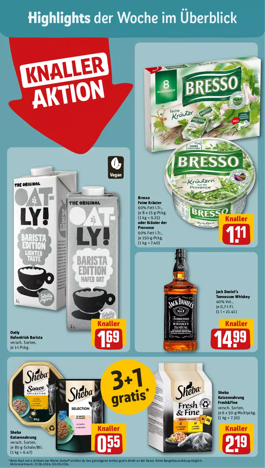 Aktueller Prospekt Rewe - Prospekte - von 23.09 bis 28.09.2024 - strona 2 - produkty: bresso, drink, hafer, Haferdrink, jack daniel, Jack Daniel’s, katzennahrung, kräuter, oder kräuter, Schal, Schale, sheba, tennessee whiskey, Ti, whiskey