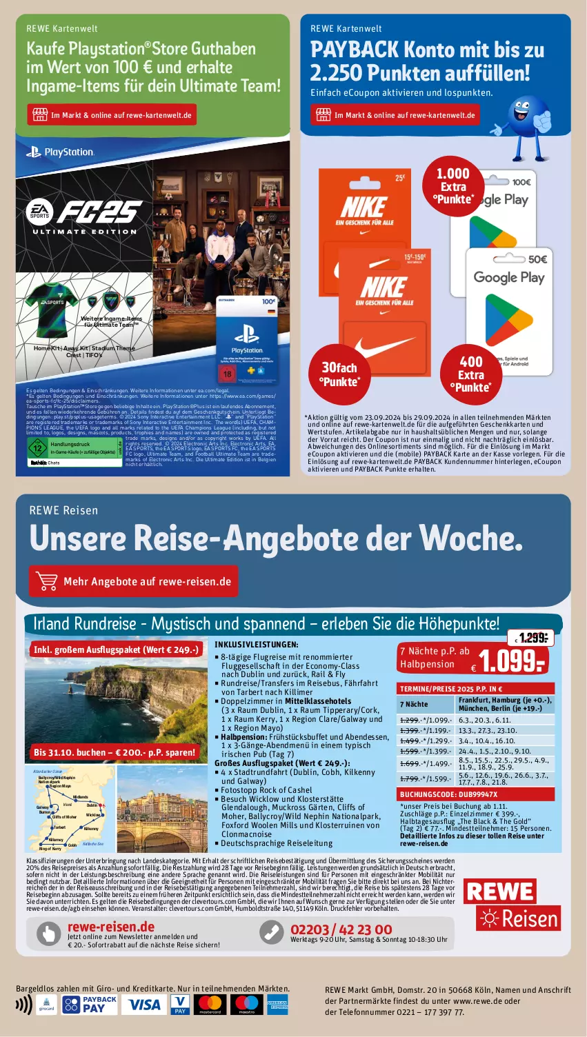 Aktueller Prospekt Rewe - Prospekte - von 23.09 bis 28.09.2024 - strona 20 - produkty: Alwa, angebot, angebote, ball, buch, champion, coupon, deutschsprachige reiseleitung, eis, elle, ente, erde, gin, gutschein, inklusivleistungen, Kilkenny, lack, Laufen, lays, LG, mac, payback, PlayStation, reis, rel, ring, sofortrabatt, sony, Sport, telefon, Ti, tisch, uhr, weka, WICK, Wild, Yo