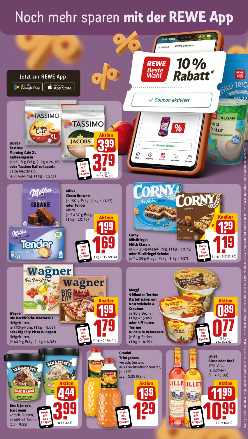 Aktueller Prospekt Rewe - Prospekte - von 23.09 bis 28.09.2024 - strona 3 - produkty: ACC, Becher, Brei, brownie, chia, corny, coupon, croutons, eis, erde, frucht, fruchtsaft, granini, jacobs, jacobs tassimo, kaffee, kaffeekapseln, kartoffel, kartoffelbrei, latte, latte macchiato, lillet, mac, macchiato, maggi, milch, milka, mit röstzwiebeln, mozzarella, müsli, Müsliriegel, nudel, nudeln, nuss, pizza, reis, rel, rewe beste wahl, riegel, röstzwiebeln, saft, sauce, schoko, sim, tassimo, tender, terrine, Ti, wagner, zwiebel, zwiebeln