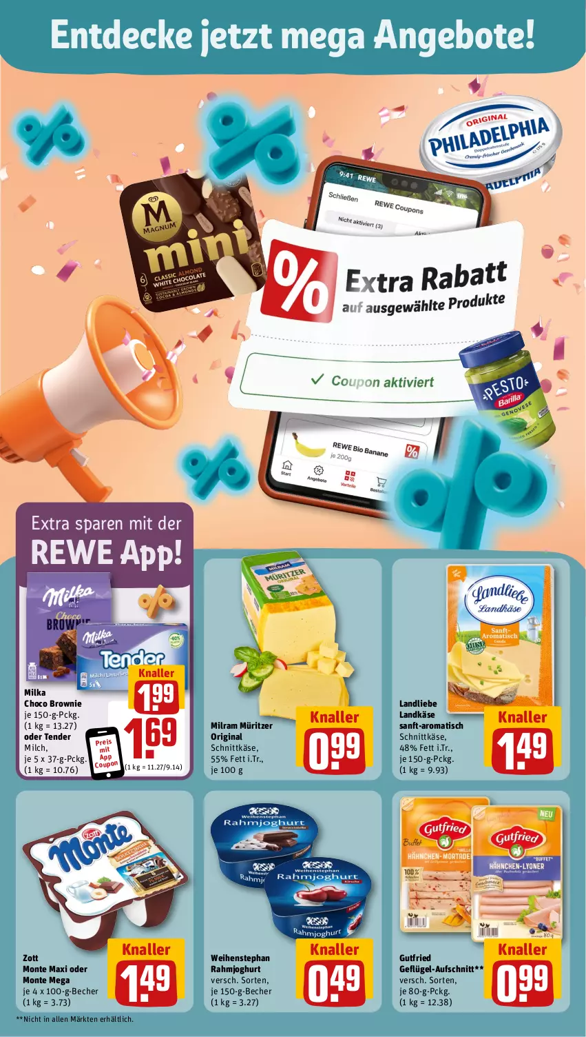 Aktueller Prospekt Rewe - Prospekte - von 23.09 bis 28.09.2024 - strona 4 - produkty: angebot, angebote, aufschnitt, Becher, brownie, decke, eis, Geflügel, gin, gutfried, joghur, joghurt, Käse, landkäse, landliebe, milch, milka, milram, monte, ndk, rahmjoghurt, reis, schnittkäse, tender, Ti, tisch, weihenstephan, zott, Zott Monte