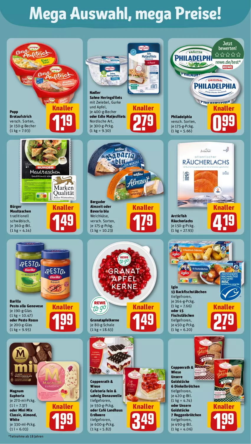 Aktueller Prospekt Rewe - Prospekte - von 23.09 bis 28.09.2024 - strona 5 - produkty: apfel, aufstrich, backfisch, barilla, bavaria blu, Becher, beere, bergader, brot, brotaufstrich, brötchen, Café Landhaus, coppenrath, dinkelbrötchen, eis, elle, erdbeere, filet, filets, fisch, fischstäbchen, genovese, Goldstücke, grana, granatapfel, granatapfelkerne, gurke, hering, Herings, heringsfilets, iglo, Käse, lachs, magnum, matjes, Matjesfilet, matjesfilets, maultaschen, nadler, pesto, philadelphia, Popp, Rana, Räucherlachs, reis, Ria, ring, roggenbrötchen, sahne, Schal, Schale, Tasche, taschen, Ti, weichkäse, zwiebel