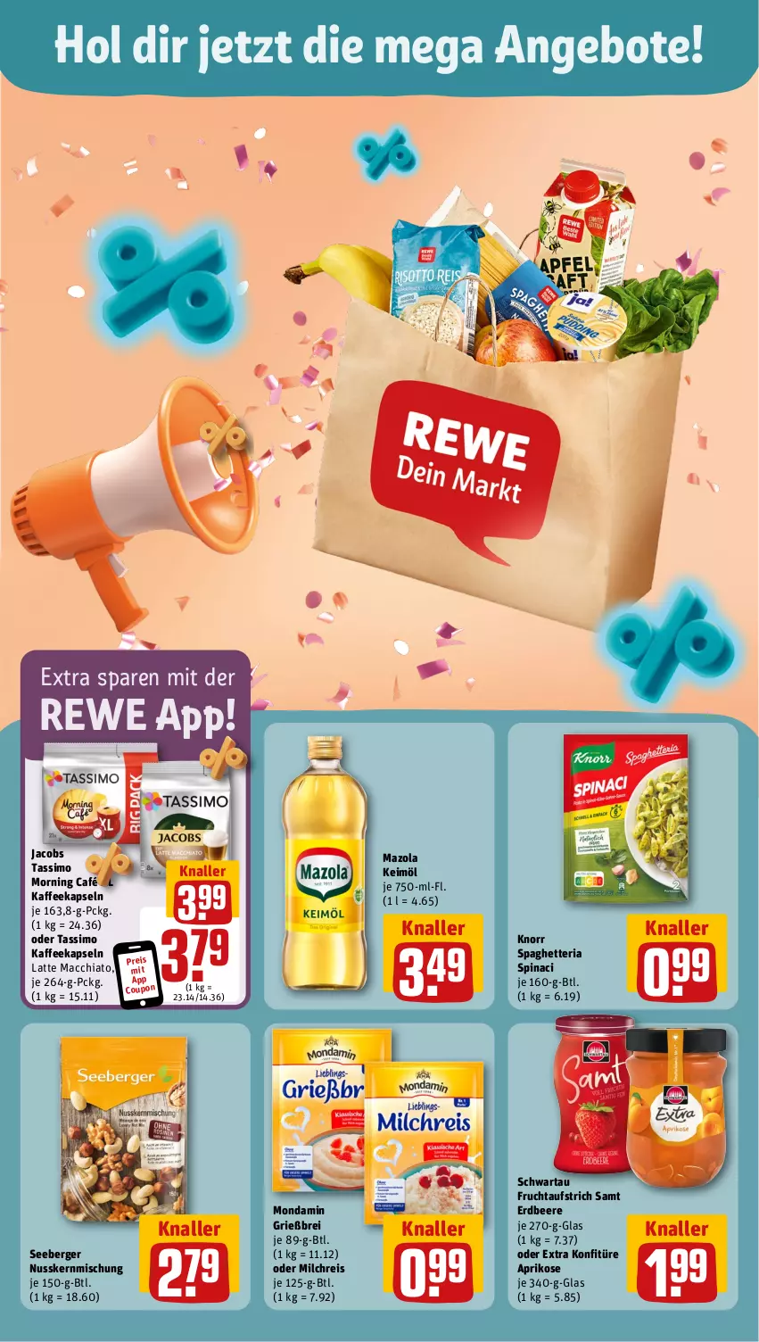 Aktueller Prospekt Rewe - Prospekte - von 23.09 bis 28.09.2024 - strona 6 - produkty: ACC, angebot, angebote, aprikose, aufstrich, beere, Berger, Brei, chia, coupon, eis, erdbeere, frucht, fruchtaufstrich, jacobs, jacobs tassimo, kaffee, kaffeekapseln, keimöl, knorr, konfitüre, latte, latte macchiato, mac, macchiato, mazola, milch, milchreis, mondamin, nuss, reis, Ria, Schwartau, seeberger, sim, tassimo