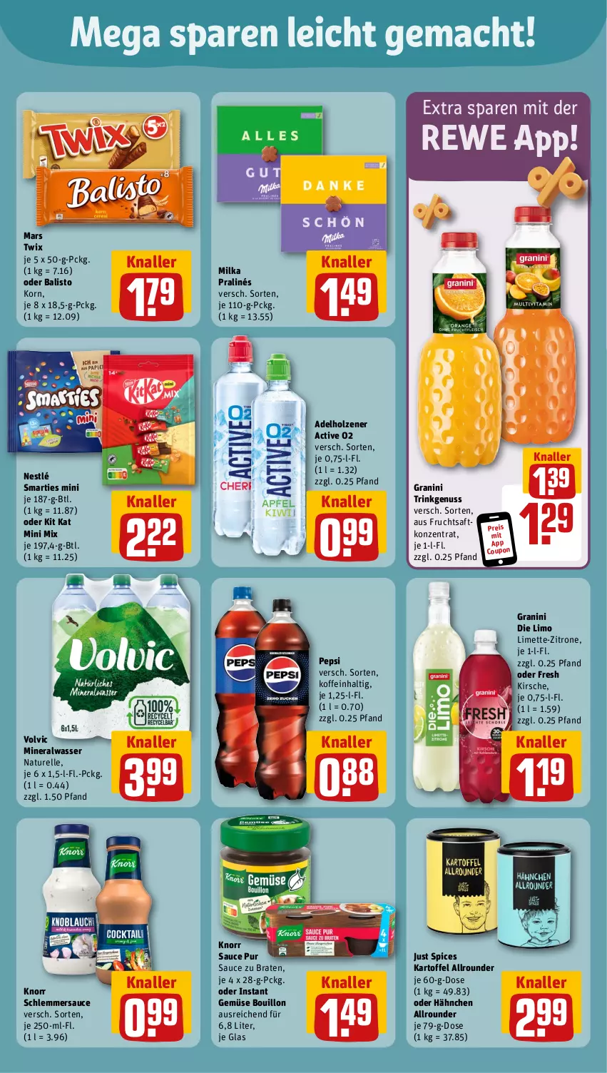 Aktueller Prospekt Rewe - Prospekte - von 23.09 bis 28.09.2024 - strona 7 - produkty: adelholzener, Alwa, balisto, braten, coupon, eis, elle, frucht, fruchtsaft, granini, granini die limo, Holz, kartoffel, kirsch, kirsche, Kit Kat, knorr, korn, limette, limo, mac, mars, Mett, milka, mineralwasser, natur, nestlé, nuss, pepsi, reis, rel, saft, sauce, schlemmersauce, smarties, Ti, twix, volvic, wasser, zitrone