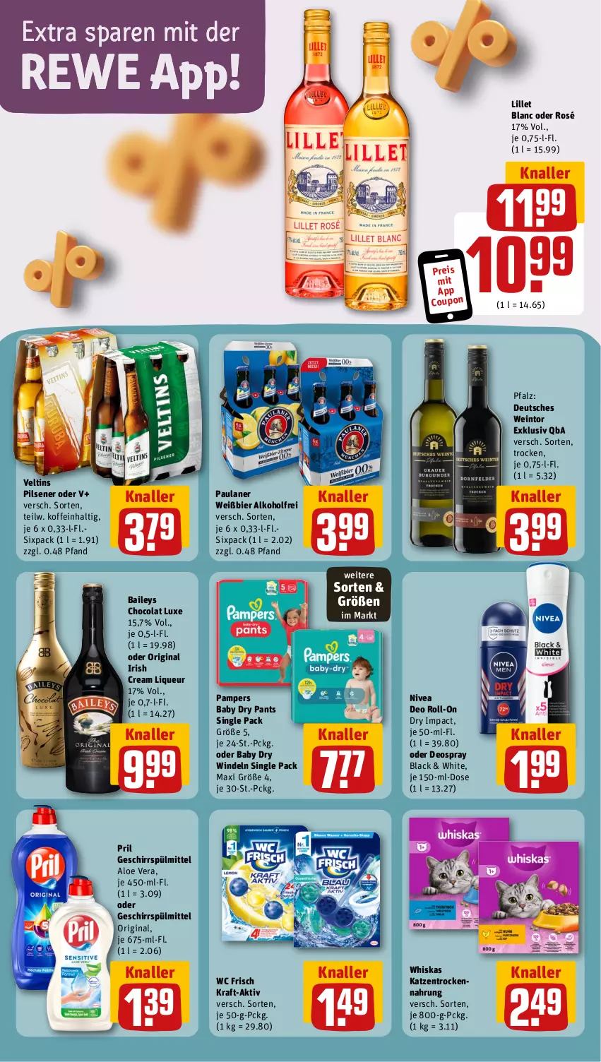 Aktueller Prospekt Rewe - Prospekte - von 23.09 bis 28.09.2024 - strona 8 - produkty: alkohol, aloe vera, baileys, bier, cola, coupon, deo, deo roll-on, deospray, eis, geschirr, geschirrspülmittel, gin, irish cream, kraft, lack, lillet, liqueur, nivea, oder deospray, pampers, pampers baby dry, Pants, Paula, paulaner, pils, pilsener, pril, reis, roll-on, spülmittel, Ti, veltins, veltins pilsener, wc frisch, wein, whiskas, windeln