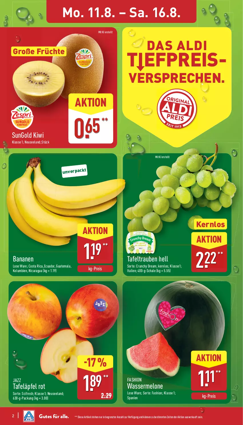 Aktueller Prospekt Aldi Nord - Von Montag - von 11.08 bis 16.08.2025 - strona 2 - produkty: aldi, banane, bananen, Cif, eis, Elan, früchte, kiwi, kiwifruit, melone, reis, Schal, Schale, tafeläpfel, tafeltrauben, Ti, trauben, wasser, wassermelone, ZTE