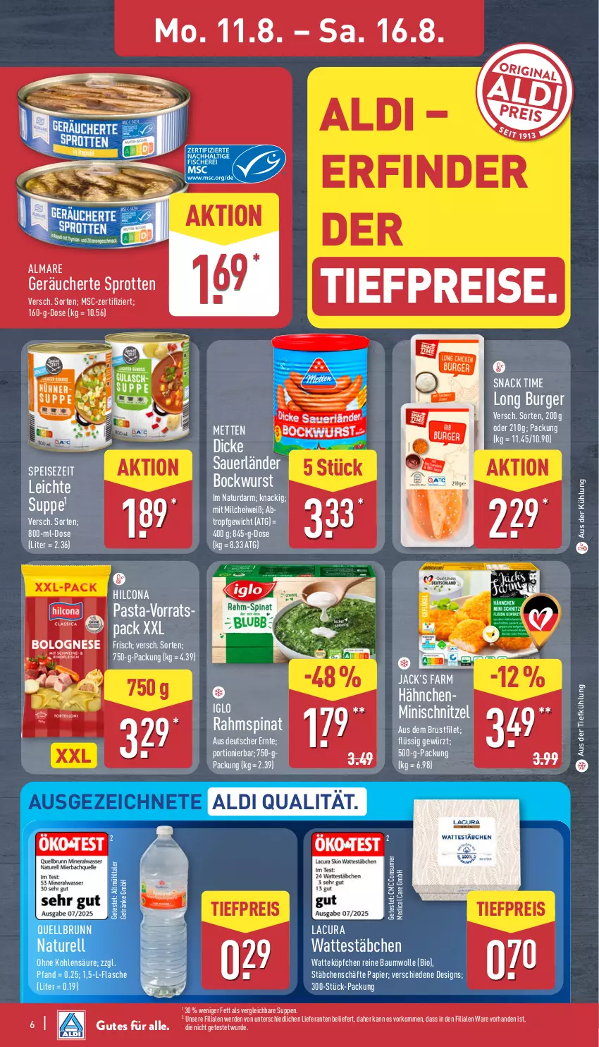 Aktueller Prospekt Aldi Nord - Von Montag - von 11.08 bis 16.08.2025 - strona 6 - produkty: aldi, almare, auer, aus der tiefkühlung, Bau, baumwolle, bio, bockwurst, brustfilet, burger, Dicke Sauerländer Bockwurst, eis, erde, filet, flasche, getränk, getränke, gewürz, hilcona, iglo, Mett, metten, milch, natur, papier, pasta, Quellbrunn, reine baumwolle, reis, rel, schnitzel, snack, snack time, spinat, Sprotten, suppe, suppen, Ti, tiefpreis, Wattestäbchen, wolle, wurst