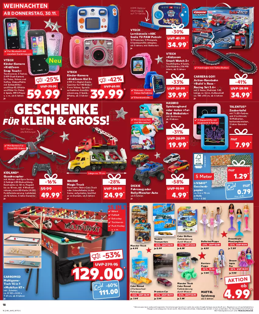 Aktueller Prospekt Kaufland - Prospekt - von 30.11 bis 06.12.2023 - strona 18 - produkty: angebot, angebote, auto, ball, batterie, batterien, Bau, beleuchtung, Carrera, Cars, cin, deka, deo, eis, FurReal, Fußball, Geschenkpapier, Hasbro, HDMI, Jungfrau, kamera, Kinder, ladekabel, led-beleuchtung, Leuchte, Mattel, microsd, monster, Monster Truck, Mp3, papier, Paw Patrol, Puppe, quad, Quadro, Quadrocopter, rwe, Spiele, spielzeug, Sport, stifte, Ti, tisch, touchscreen, wasser, weihnachten, Zaubertafel, ZTE