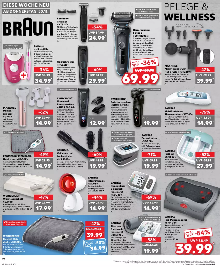 Aktueller Prospekt Kaufland - Prospekt - von 30.11 bis 06.12.2023 - strona 20 - produkty: akku, angebot, angebote, auer, aufbewahrungstasche, auto, Bad, bartschneider, batterie, batterien, Berger, bett, beutel, bikini, Blutdruckmessgerät, Damenrasierer, decke, deka, epilierer, grundig, haarschneider, Heizkissen, herrenrasierer, HP, Infrarotlampe, isana, kissen, koffer, ladekabel, Lampe, Massagegerät, medisana, Pinsel, Pinzette, rasierer, Reinigung, ring, sana, Schal, schnellladefunktion, Sprudel, Tasche, thermometer, Ti, Tiere, tisch, überhitzungsschutz, usb, wasser, wein, ZTE