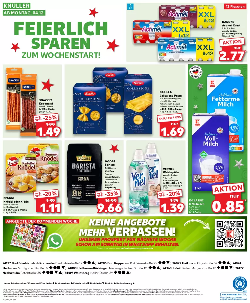 Aktueller Prospekt Kaufland - Prospekt - von 30.11 bis 06.12.2023 - strona 24 - produkty: actimel, actimel drink, angebot, angebote, Astra, Bad, barilla, beutel, bio, bohne, bohnen, danone, danone actimel drink, drink, drucker, eier, eis, Engel, erde, feinkost, feinkosttheke, fisch, fischtheke, flasche, fleisch, hartweizen, jacobs, kabanos, kaffee, Käse, käsetheke, kerze, Knödel, kochbeutel, LG, milch, nuss, pasta, pfanni, snack, Ti, trommel, vernel, vollmilch, weichspüler, wein, wurst, ZTE