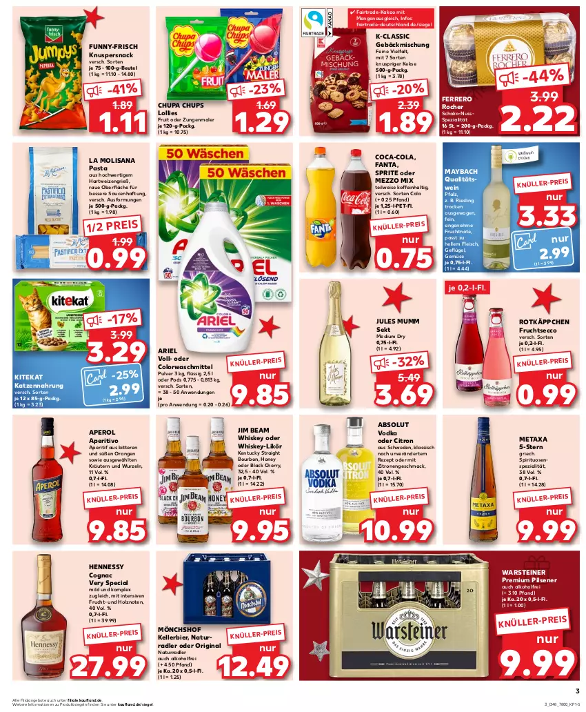 Aktueller Prospekt Kaufland - Prospekt - von 30.11 bis 06.12.2023 - strona 3 - produkty: Absolut Vodka, alkohol, angebot, angebote, aperitif, aperol, ariel, beutel, bier, bourbon, chupa, chupa chups, coca-cola, Cognac, cola, colorwaschmittel, ecco, eis, elle, fanta, ferrero, Ferrero Rocher, fleisch, frucht, fruchtsecco, funny-frisch, gebäckmischung, Geflügel, gin, hartweizen, Holz, isana, jim beam, jules mumm, kakao, katzennahrung, keks, kekse, kellerbier, kentucky straight, kitekat, kräuter, kräutern, lack, likör, mac, maybach, Metaxa, Mezzo Mix, mönchshof, mumm, natur, nuss, orange, orangen, pasta, pils, pilsener, Pods, premium pils, qualitätswein, radler, reis, rezept, riesling, rotkäppchen, sana, sauce, saucen, schoko, sekt, snack, Spezi, spirituosen, sprite, steiner, Ti, tuc, vodka, warsteiner, waschmittel, wein, Weißwein, whiskey, zitrone, zitronen