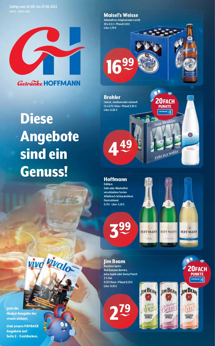 Aktueller Prospekt Getraenke Hoffmann - Prospekte - von 22.08 bis 27.08.2022 - strona 1 - produkty: alkohol, angebot, angebote, Apple, bourbon, decke, eis, gin, jim beam, mais, natur, nuss, payback, rel, sekt, Sprizz, Ti