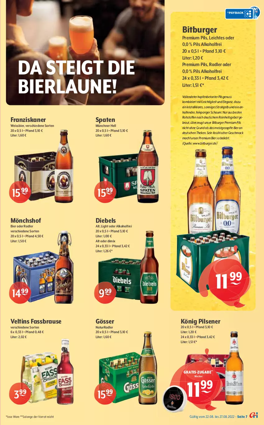 Aktueller Prospekt Getraenke Hoffmann - Prospekte - von 22.08 bis 27.08.2022 - strona 7 - produkty: alkohol, Bad, Berger, bier, bitburger, brause, burger, coca-cola, cola, diebels, drink, drinks, eis, elle, fassbrause, flasche, franziskaner, frucht, Gesundheit, gin, gösser, granini, ice tea, könig pilsener, limo, mac, Mio Mio, mönchshof, monster, natur, nuss, oder radler, orange, pfanne, Pfanner, pils, pilsener, premium pils, radler, Rana, Spaten, tender, Ti, veltins, weck, weissbier, zitrone