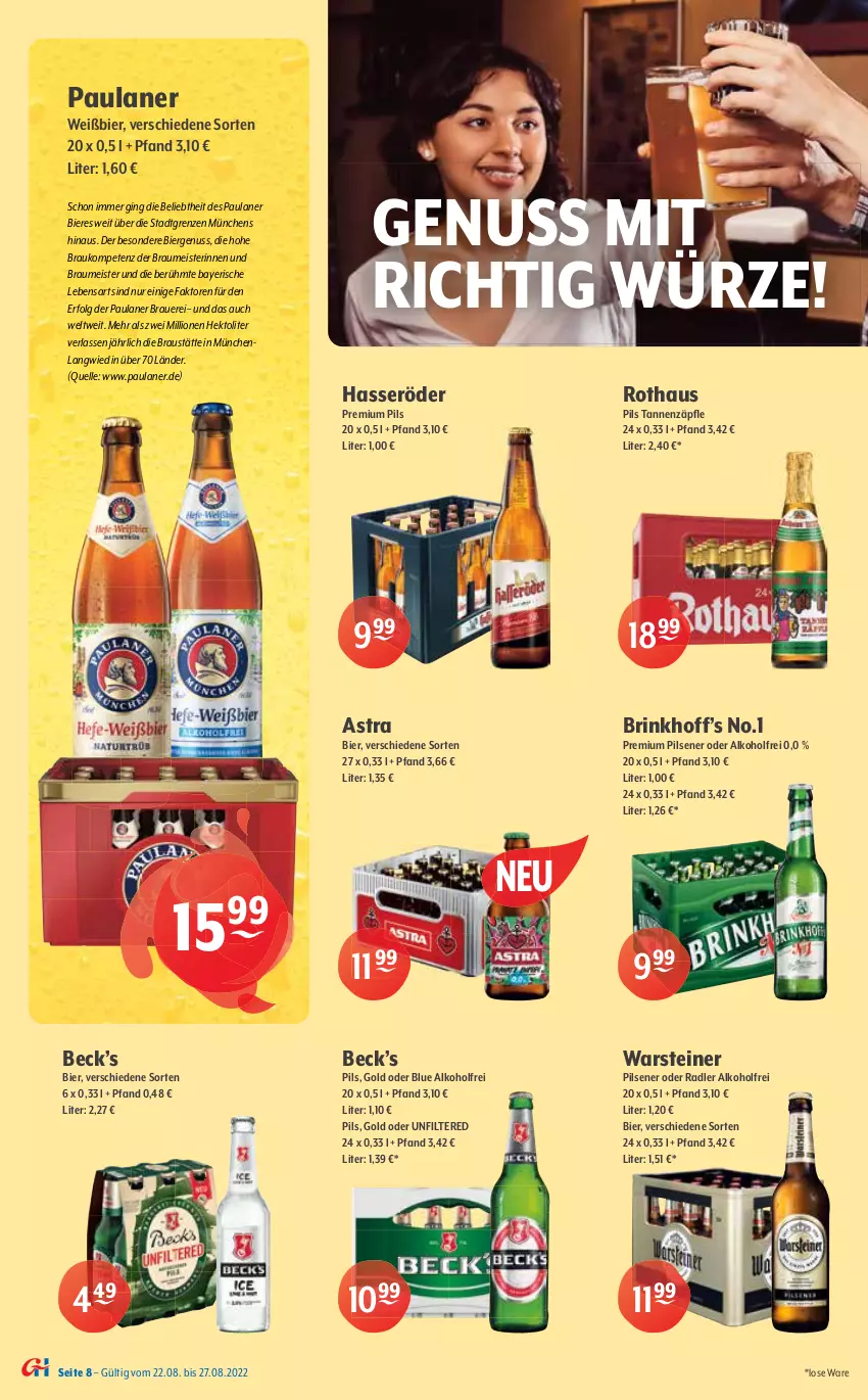 Aktueller Prospekt Getraenke Hoffmann - Prospekte - von 22.08 bis 27.08.2022 - strona 8 - produkty: alkohol, altenburger, Astra, auer, aust, bier, Biere, burger, eis, elle, gin, Guinness, hasseröder, Hefe, Kilkenny, krombache, krombacher, LG, lion, Meister, natur, nuss, oder radler, Paula, paulaner, pils, pilsener, premium pils, radler, rwe, schöfferhofer, steiner, Ti, veltins, warsteiner