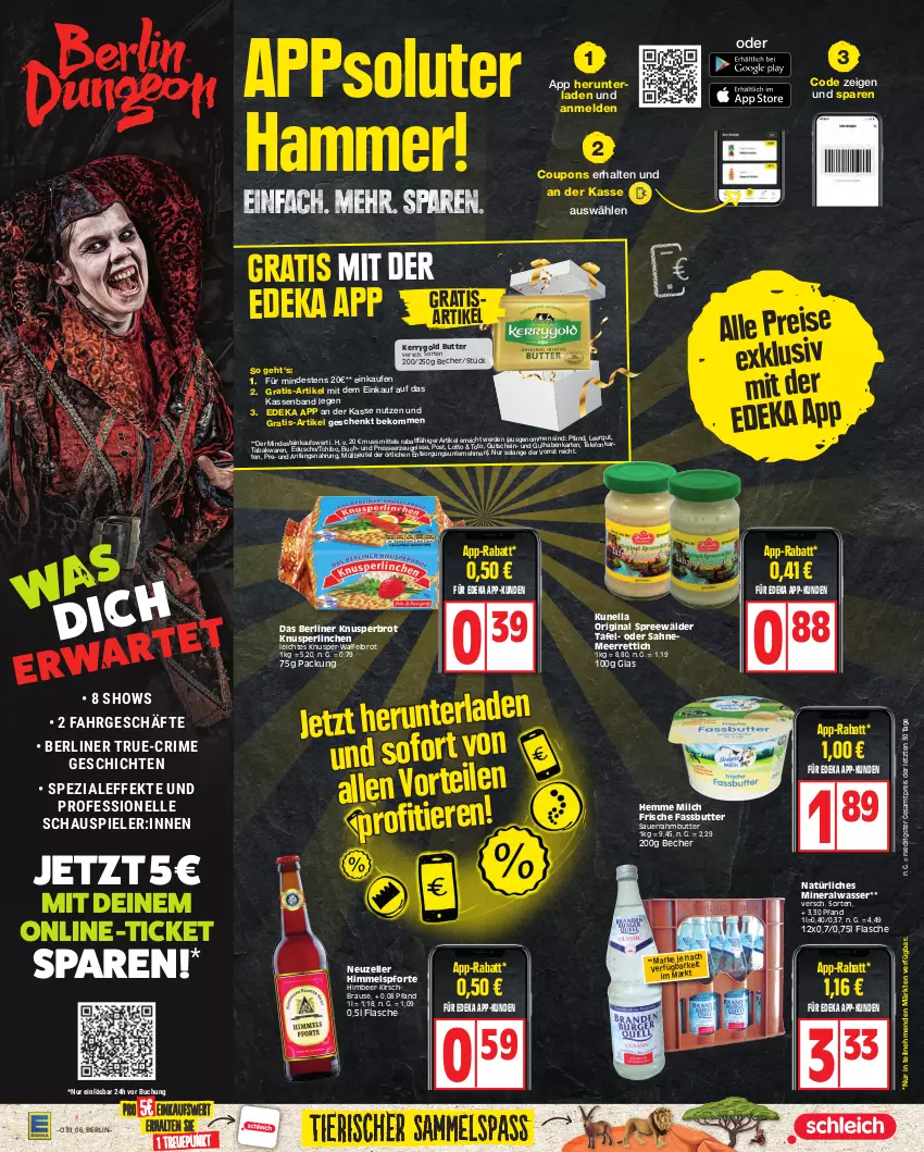 Aktueller Prospekt Edeka - Angebote der Woche - von 25.09 bis 30.09.2023 - strona 6 - produkty: Alwa, auer, Becher, beko, berliner, beutel, brause, brot, buch, butter, coupon, coupons, deka, eduscho, eis, elle, erde, flasche, gin, guthabenkarte, gutschein, himbeer, kerrygold, kirsch, Knusperlinchen, meerrettich, milch, mineralwasser, müllbeutel, natürliches mineralwasser, reis, Rettich, sahne, Sauerrahm, Spezi, Spiele, spreewälder, Tchibo, tee, telefon, Ti, Tiere, wasser, ZTE